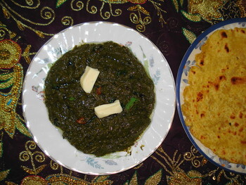 Sarson ka Saag or Mustard in Spinach Gravy, image from http://upload.wikimedia.org/wikipedia/commons/thumb/b/b2/Punjabi_Sarsoon_Ka_Saag.JPG/1024px-Punjabi_Sarsoon_Ka_Saag.JPG